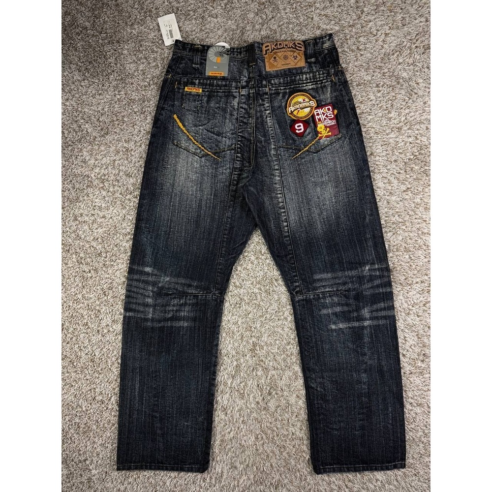 Vintage Akademiks Baggy Jeans Denim Y2K Streetwear Hip Hop Patches Size 36